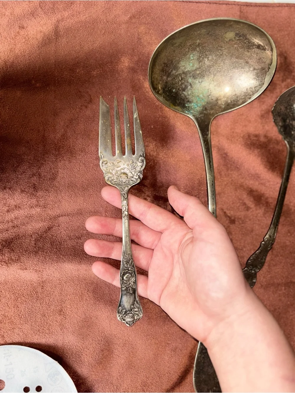 Ornate Floral Serving Fork & Spoons in Silver Tone